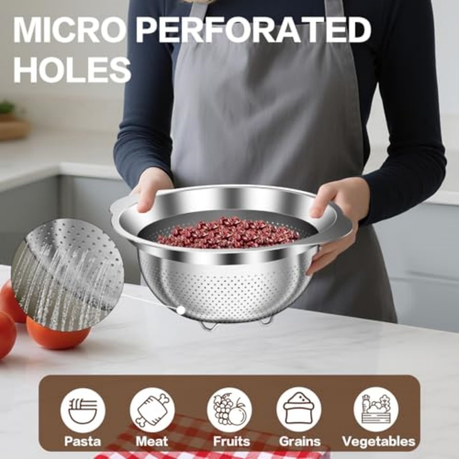 Generisch 3er Pack Metall Küchensieb Set für und Obst mit feinen Löchern, praktisches Sieb aus Edelstahl, Starkes Küchensieb