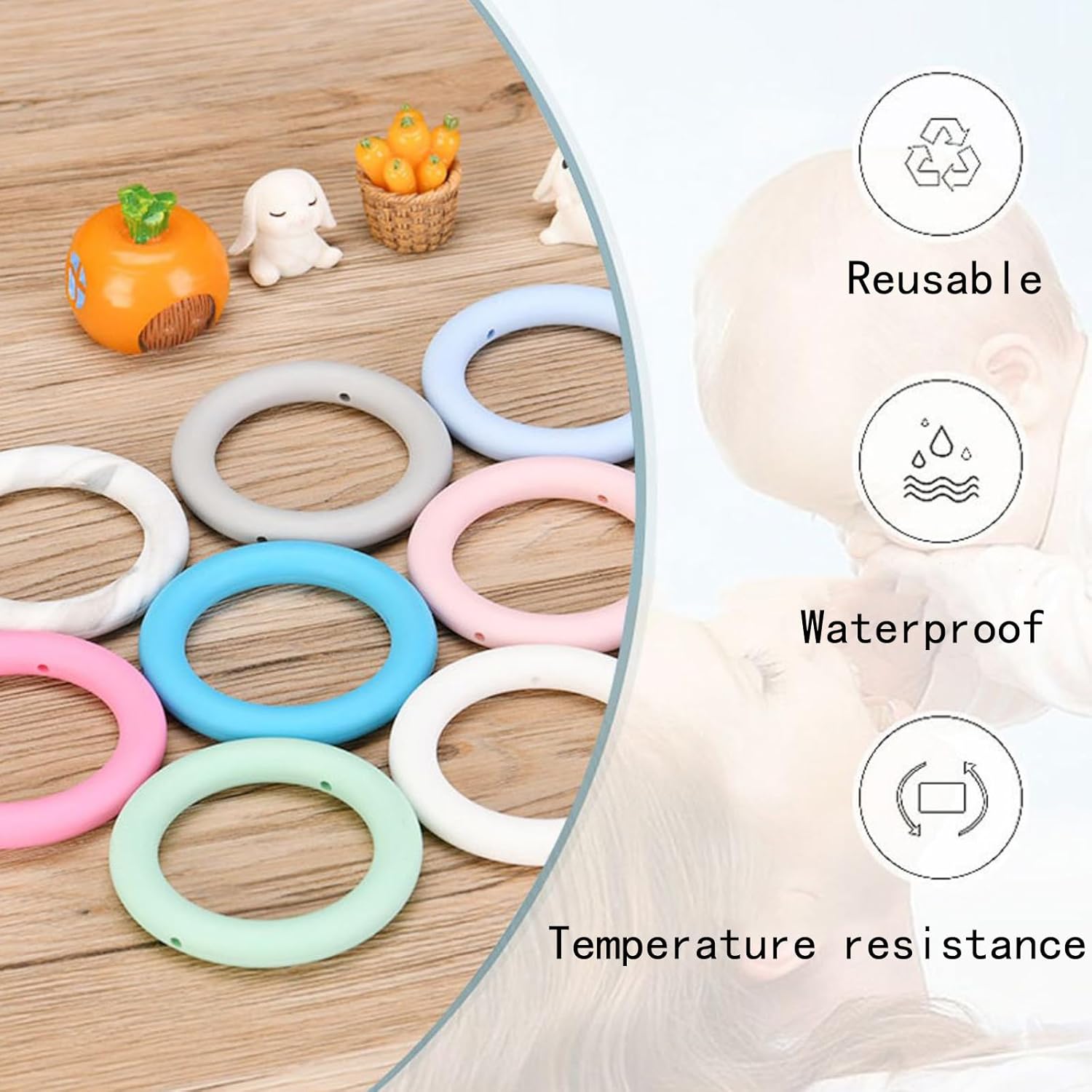 Silicone Beadable O Rings 65mm Round Silicone Loop to Make Key Chain Beads for Bracelet Necklace (pinkbluered) - Image 3