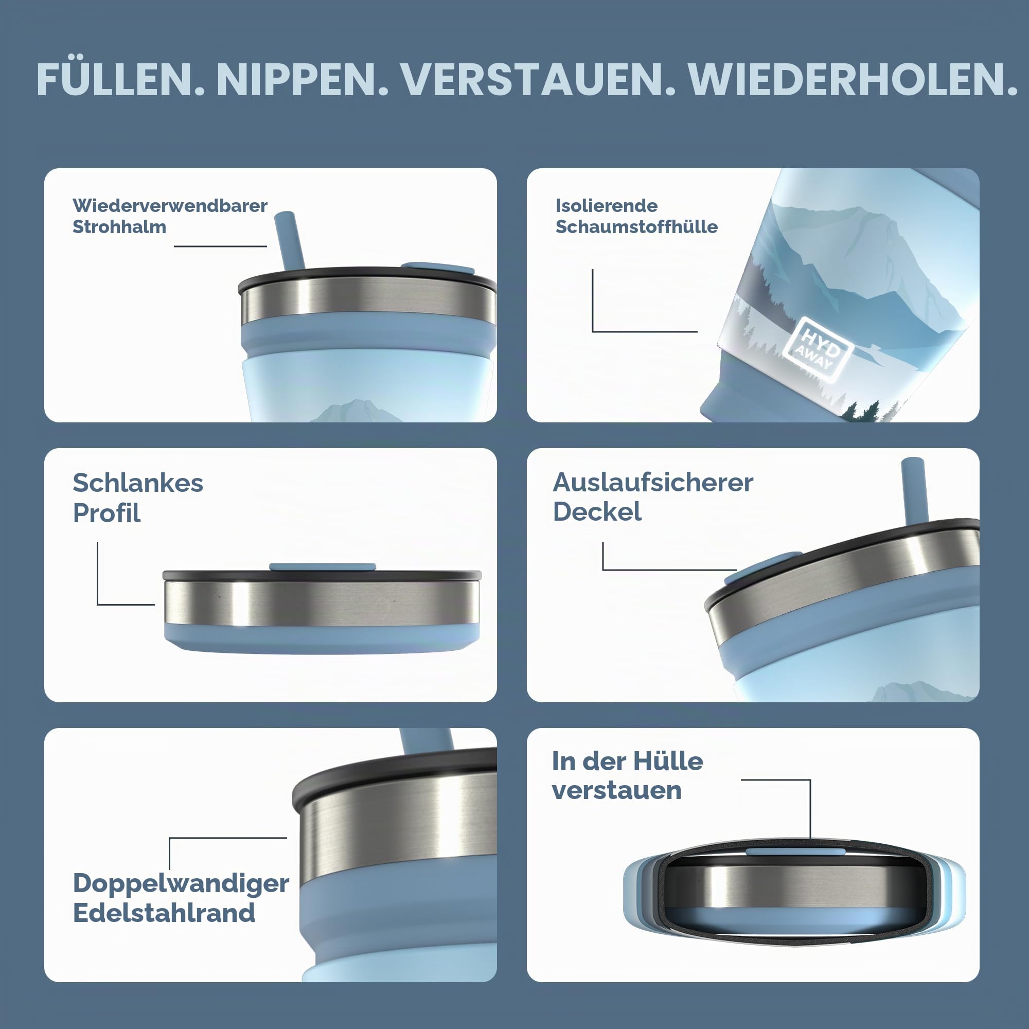 HYDAWAY Faltbarer Getränkebecher | Tragbare, Isolierte, Heiße und Kalte Getränketasse für Kaffee, Tee, Smoothies, Bier, Cocktails, Reisen, Pendeln, Camping, Veranstaltungen | 473ml Kapazität