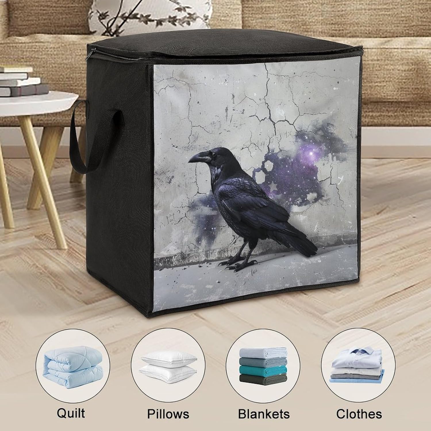 Portable Quilt Storage Bag,Crow on The Ground Printed Foldable Wardrobe Storage Box Foldable Storage Bag with Lids And Handle Large Clothing Storage Bag for Comforters Clothes Blankets Pillows