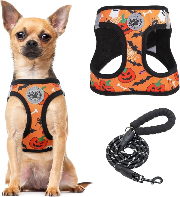 Peitoral Vest para Cães com Guia e Faixas Refletivas BEAUTYZOO Halloween Pumpkin, Tamanho Médio