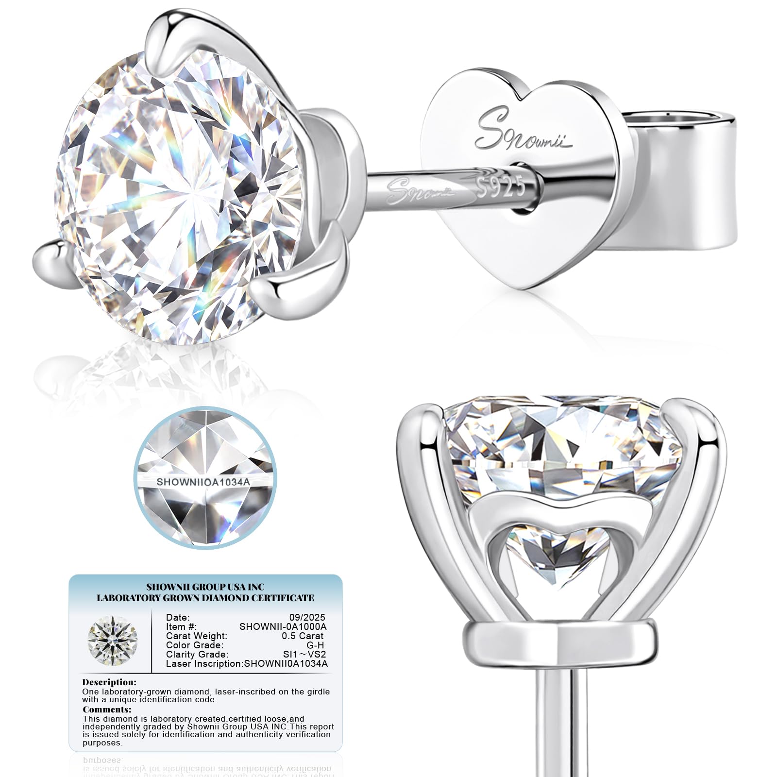 SHOWNII LAB GROWN Diamond Stud Earrings for Women 1CT Push Back