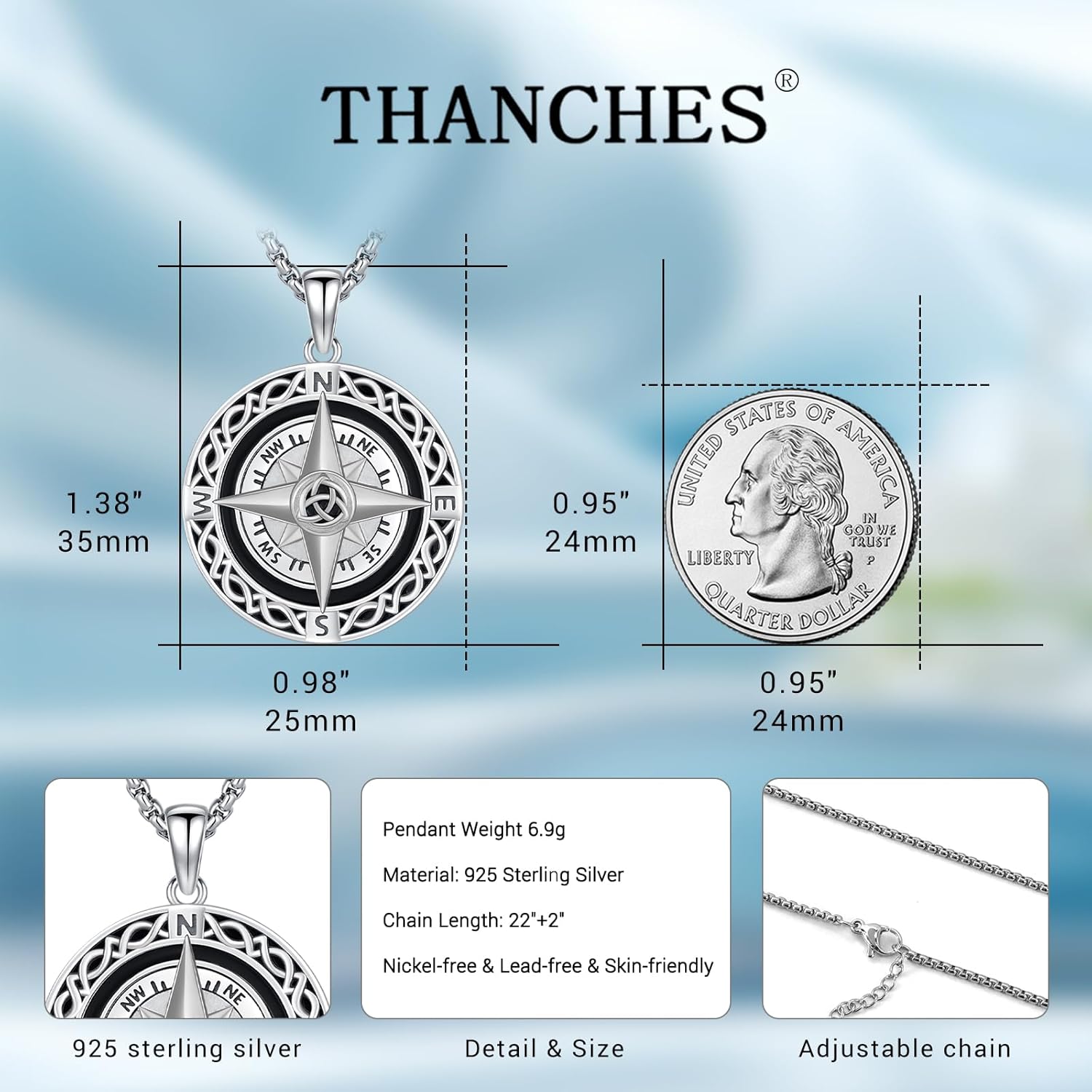 Celtic Knot Compass Pendant Necklace for Women Men, 925 Sterling Silver Charm Compass Necklace Christmas Gifts for Wife Birthday Gifts Graduation Travel Jewelry Gift - Image 5