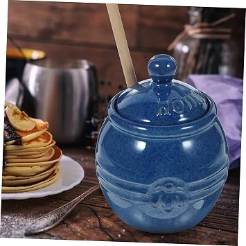1 set ceramic honey jar mini jar honey pottery jar with lid syrup container empty storage container honey pot honey jar with lid blue pottery wood reservoir tank food