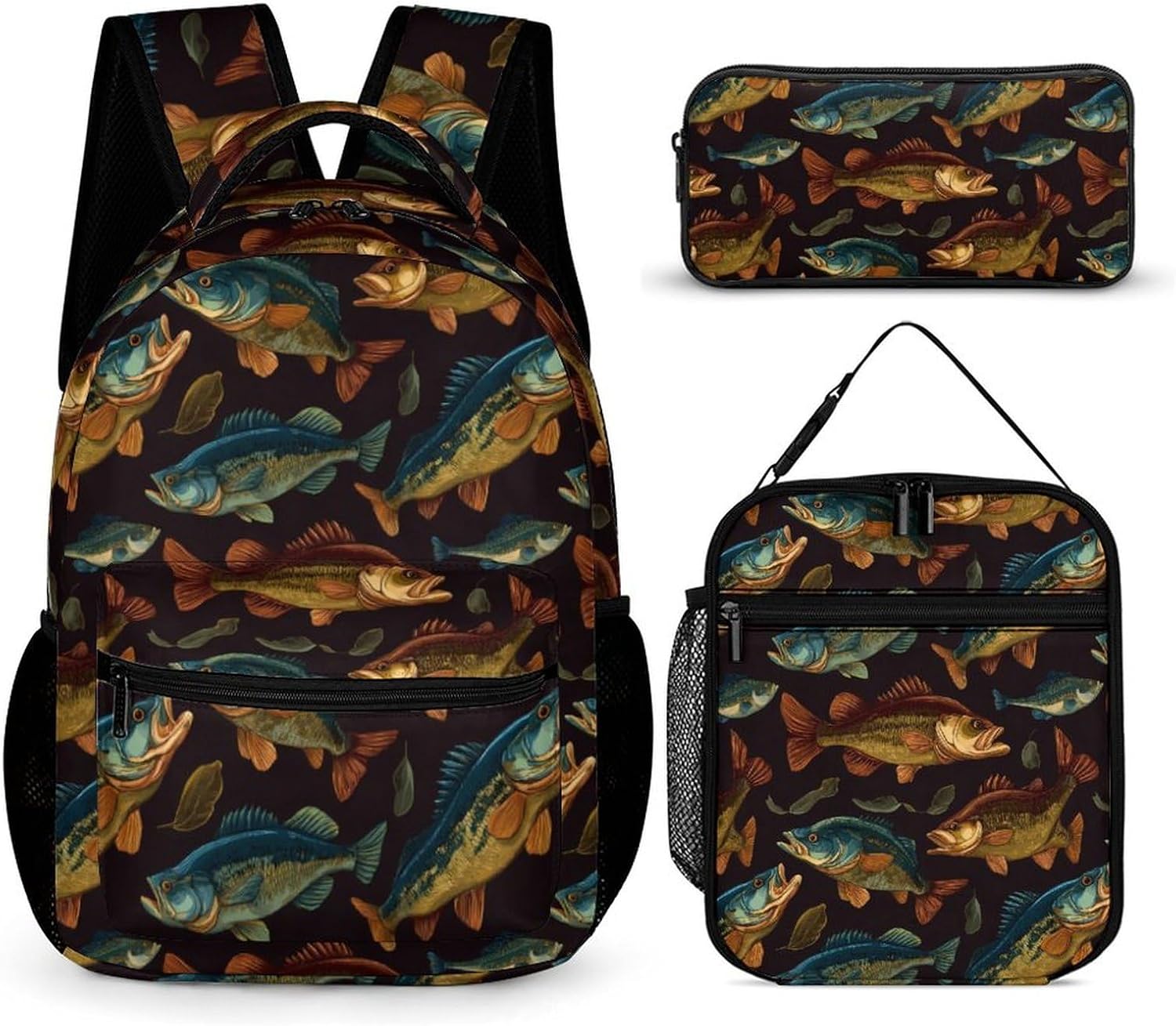 Bass Fish Novelty Backpack Set with Lunch Bag Pencil Cases
