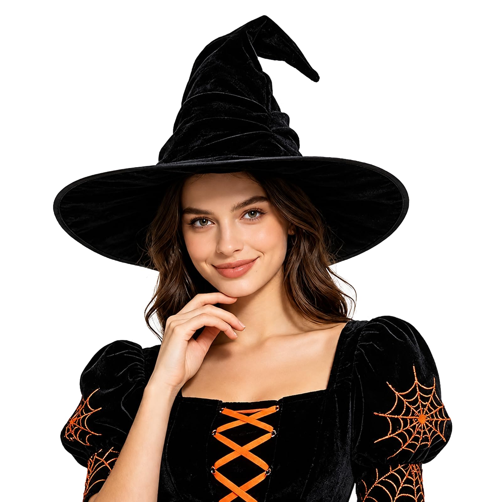 Livzikaroa Black Witch Hat for Women and Adults, Velvet Pointed Wizard Hat with 37 Cm Wide Brim for Halloween Cosplay Fancy Dress Costume Parties and Themed Photos