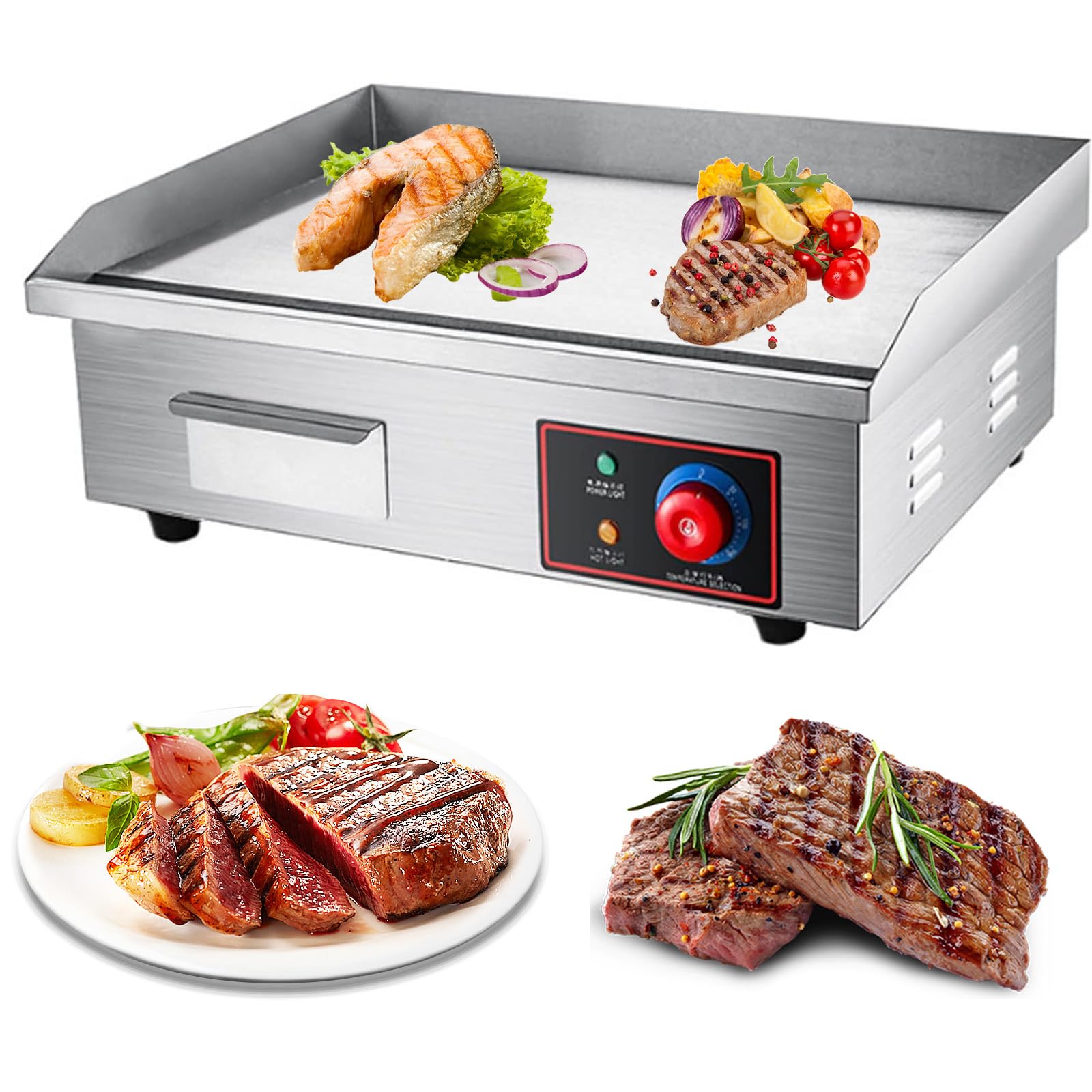 Plancha Cocina Eléctrica Profesional, Plancha Barbacoa Acero Inoxidable 55x35 cm, Temperatura 50-300 °C, 3000W Plancha Cocina Electrica con Bandeja Recoge Grasa, Antisalpicaduras