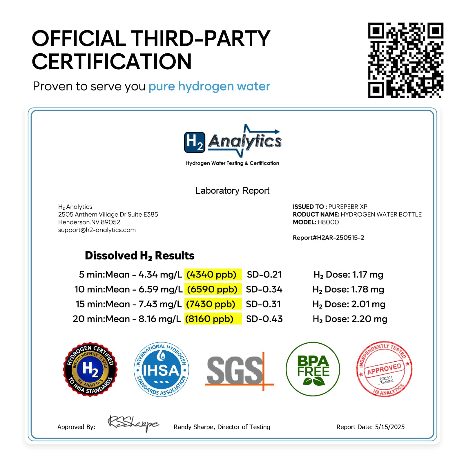 PUREPEBRIX H8000 Wasserstoff-Wasserflaschengenerator 12000 PPB tragbar alkalischer Wasserkrug Platin-Iridium-Katalysator OLED-Display