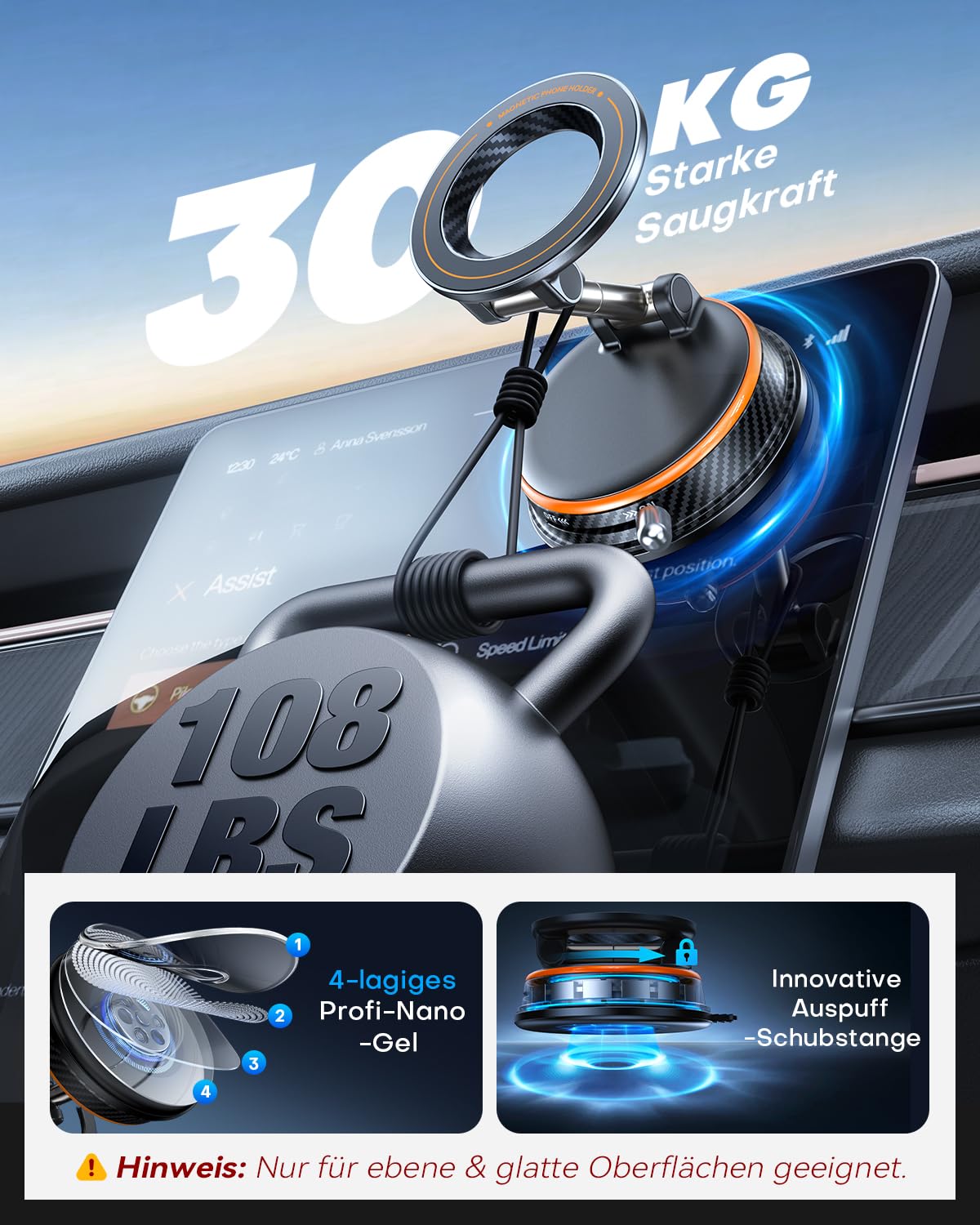 Peerock Handyhalterung Auto für MagSafe Autohalterung [30KG Stärkste Saugkraft & 2800gf Magnet] Vakuum Magnetische Handy Halterung Auto 360° Drehbar KFZ Handyhalter Auto für Alle Handy Hellorange - 3