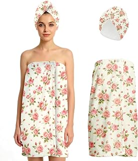 Shower Wrap Towel for Women, Bath Towel Wraps with Hair Drying Towels, Adjustable Spa Wrap and Hair Towels, Floral Bath Wraps for Women, Quick Dry