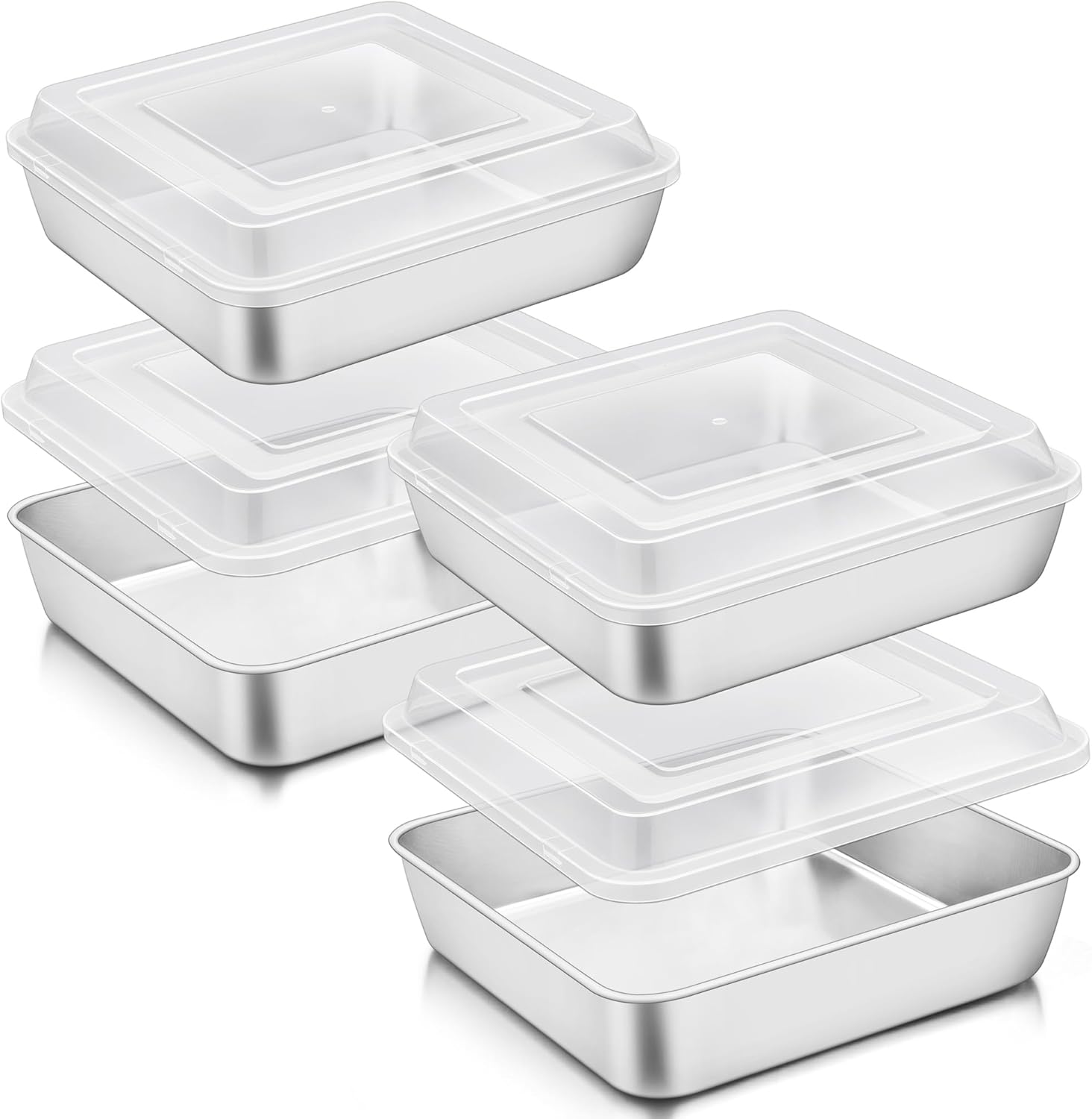 TeamFar Square Cake Pan, (4 Pans + 4 Lids) Stainless Steel 9 Inch Square Baking Roasting Pan for Brownie Lasagna Cake, Non-Toxic & Heavy Duty, Easy Clean & Dishwasher Safe 8 9.3 x 2-Inch