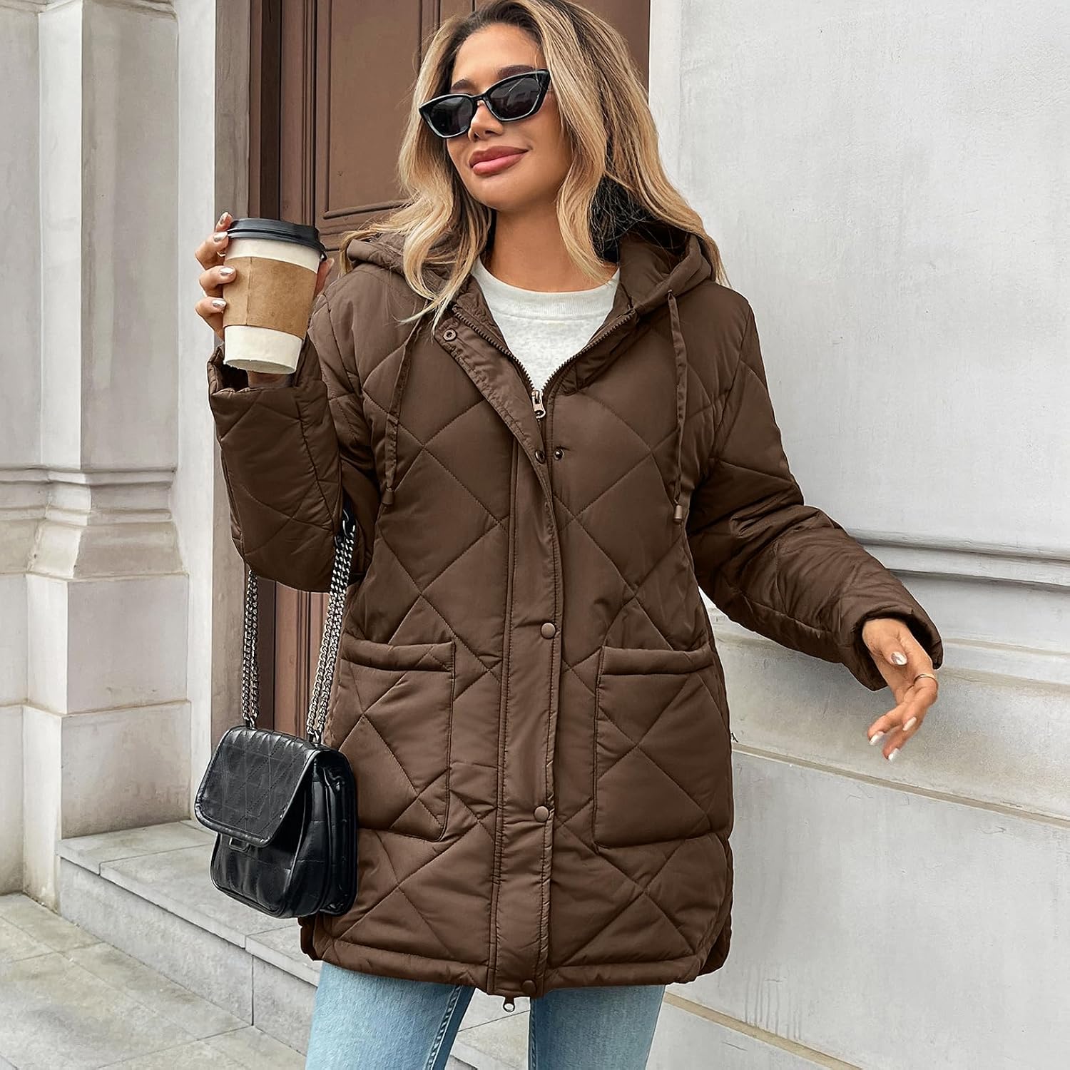 HOTIAN Womens Quilted Puffer Jackets Hooded Long Sleeve Full Zipper Casual Winter Lightweight Diamond Coats with Pockets