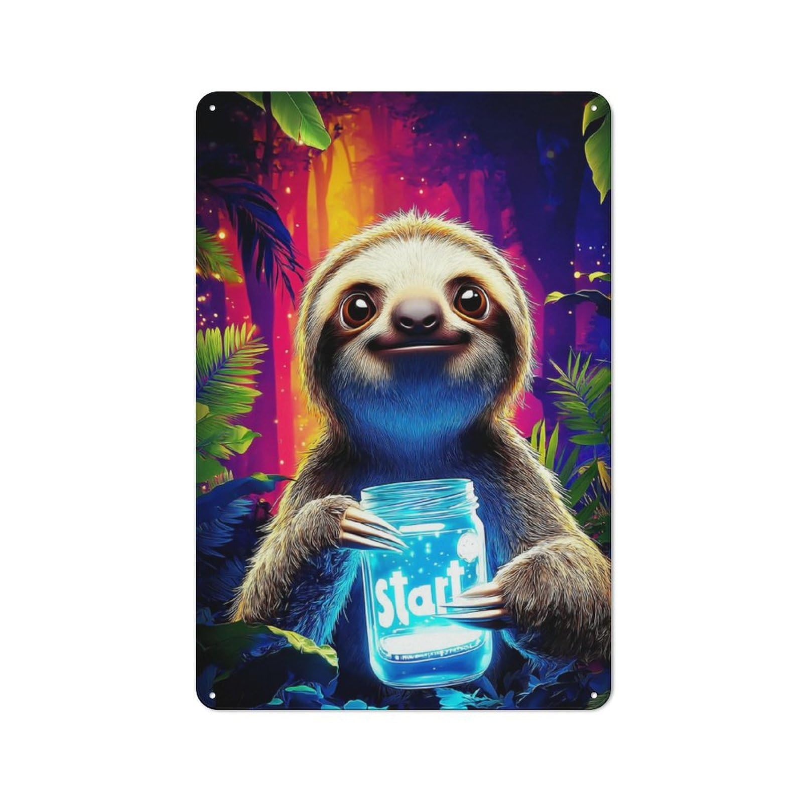 Junmoney Sloth Holding 'Start' Jar In Magical Forest Rustic Metal Plaque 30X20cm For Hobby Room Or Studio, For Creative Interior Collectors