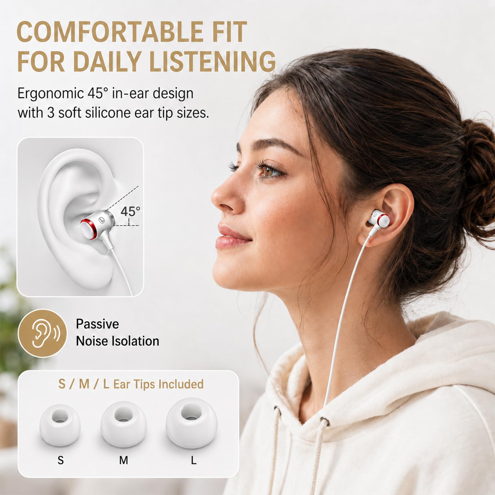 Rosmas Przewodowe słuchawki douszne z mikrofonem, sterownik 10 mm do dźwięku HiFi (białe)