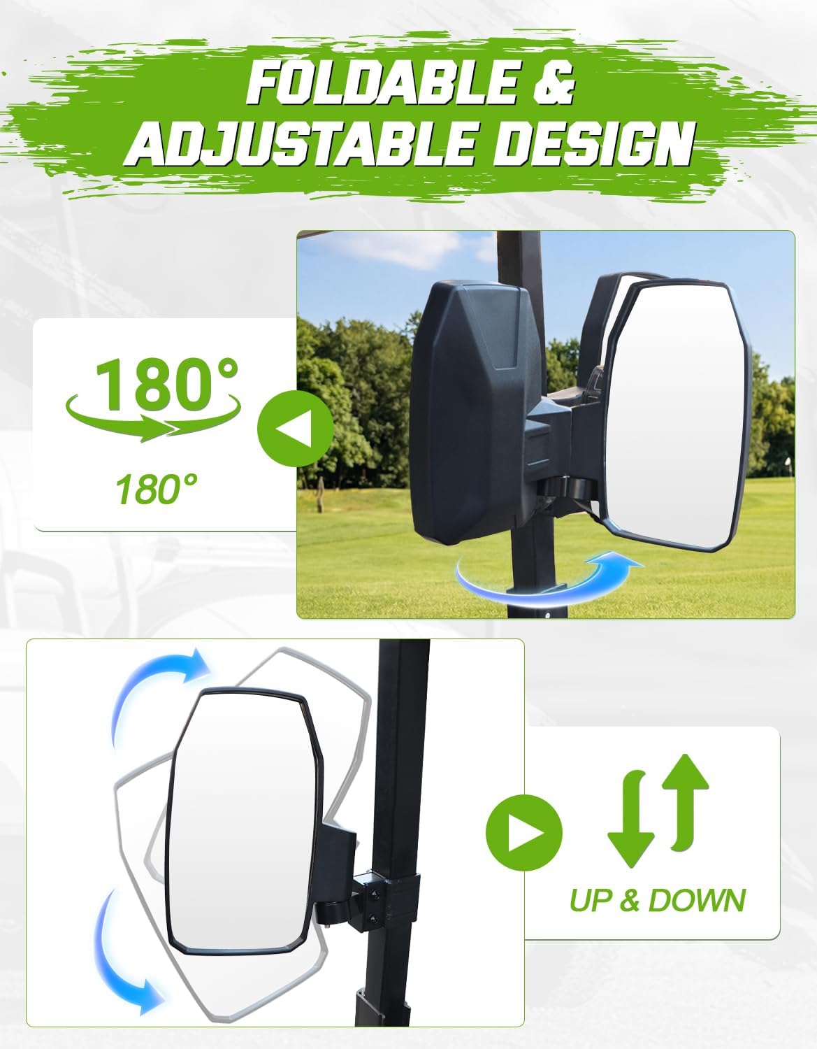 Adjustable Golf Cart Side Mirrors for EZGO Club Car Yamaha, Universal Fits 0.75"/1"/1.25" Square Tube Roof Bracket Golf Cart Folding Wide Angle Convex Rear View Mirror, 2PCS