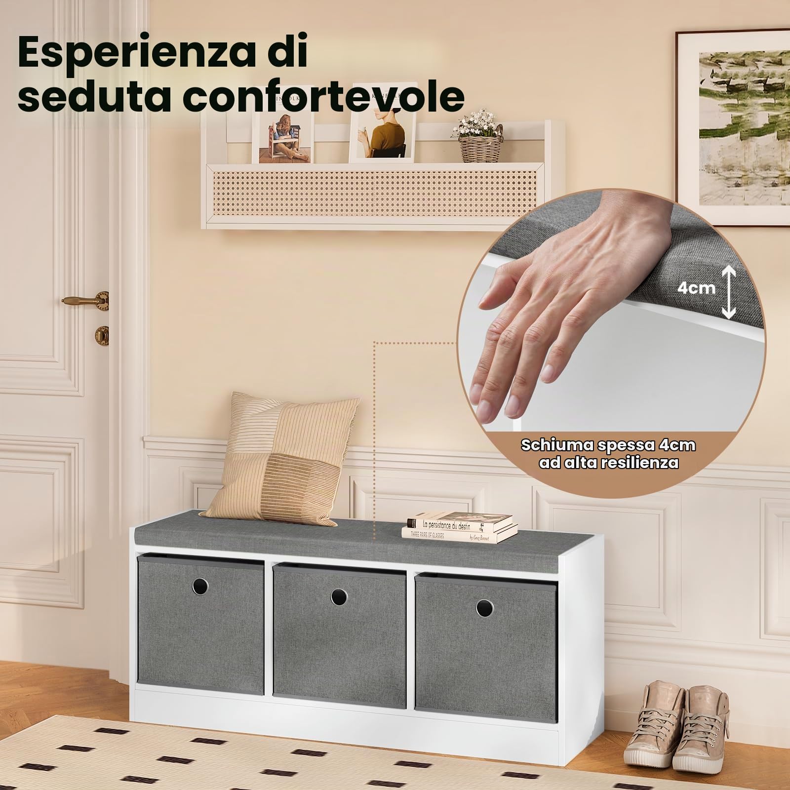 WOLTU Pouf Contenitore, Mobile da ingresso con 3 cassetti in Tessuto, Panca portascarpe con Sedile Imbottito, Scatola Portaoggetti Ottomana, per Soggiorno, Bianco+Grigio