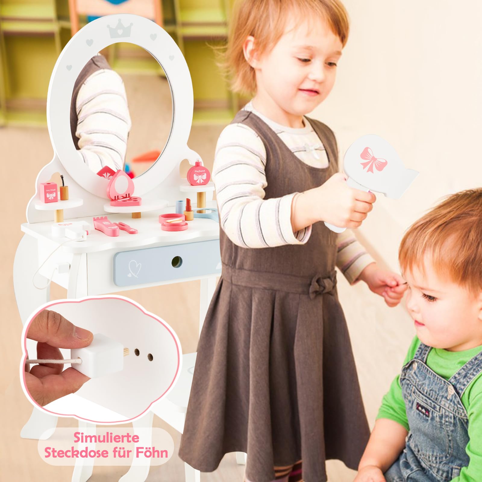 DREAMADE 2 in 1 Kinder Schminktisch mit 10 TLG. Spielzubehör und Hocker, Prinzessin Frisiertisch mit Schublade & 3 Ablagen, Kinderschminktisch aus Holz für Mädchen ab 3 Jahren, weiß