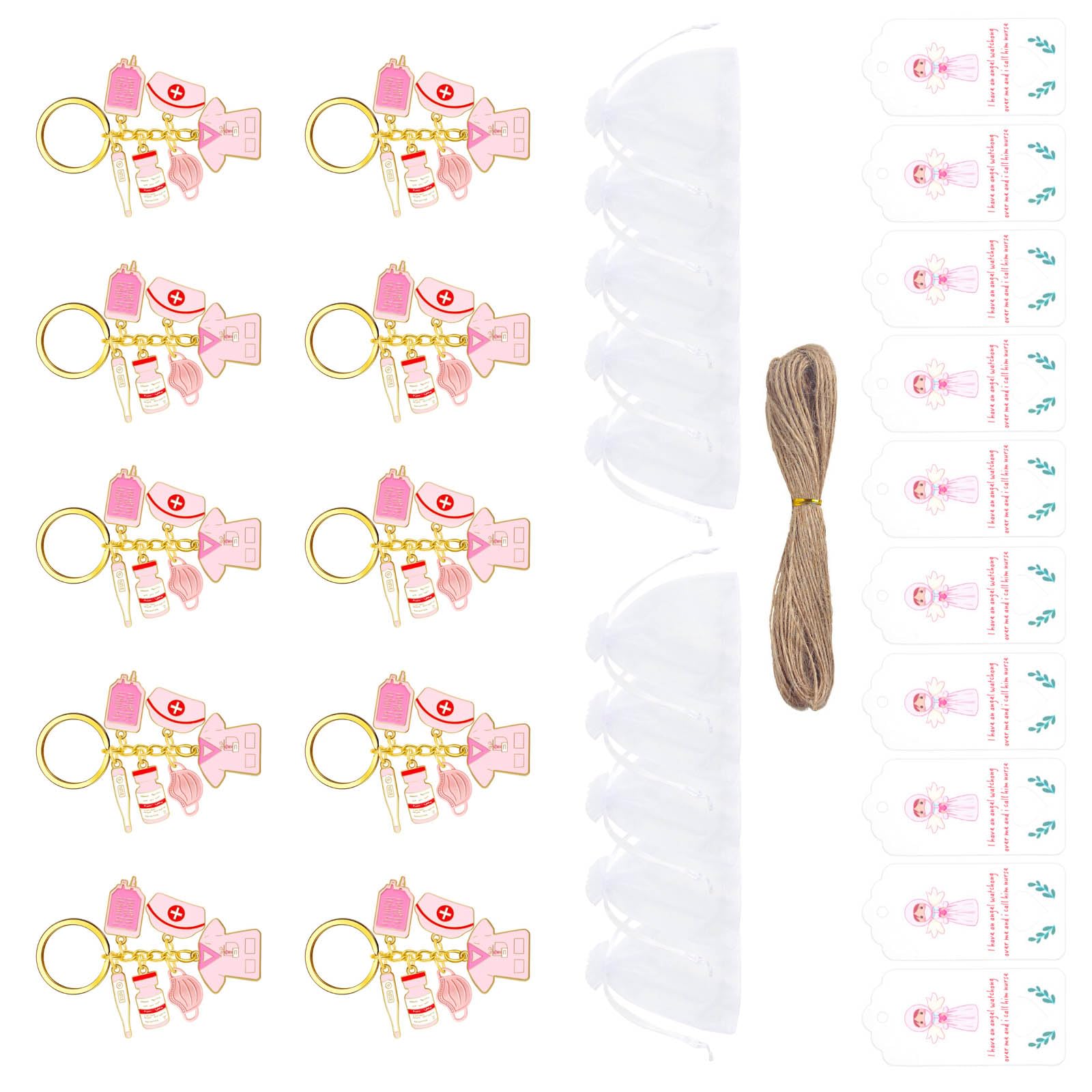 Buxuaaaa 10Pcs Elegant Nurse School Graduation Thank You Gifts Zincs Alloy Keychain with Organzas Pouches Party Souvenir Nurse Graduation Party Bonuses