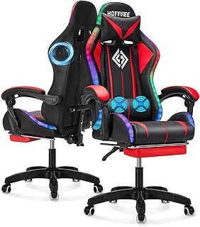RGB Gaming Chair with Bluetooth Speakers and LED Lights Ergonomic Massage Computer Game Chair with Footrest High Back Musi...