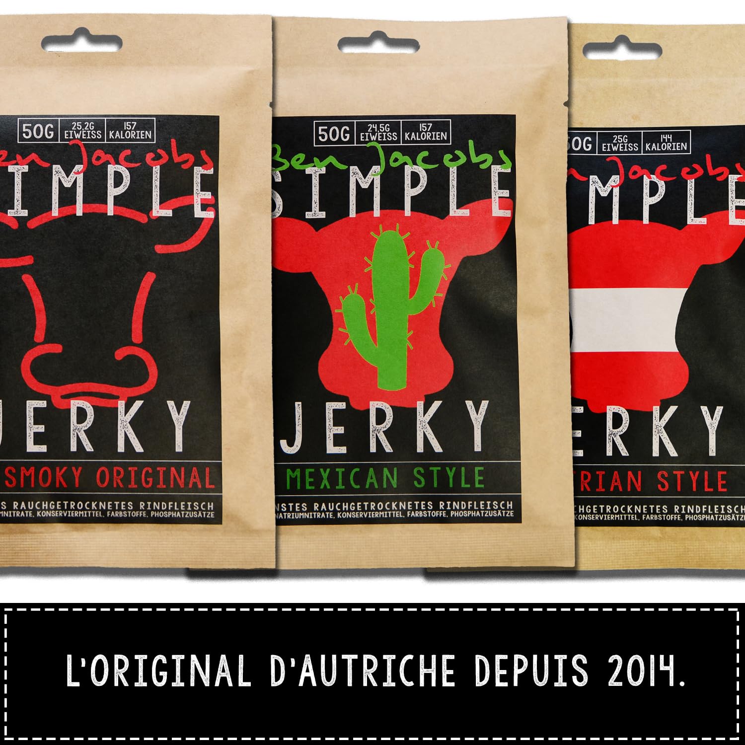 Beef Jerky Big Sample Box 5 x 50g, bœuf nourri à l'herbe autrichien de qualité supérieure, sans additifs ni conservateurs (Mixed Flavors)
