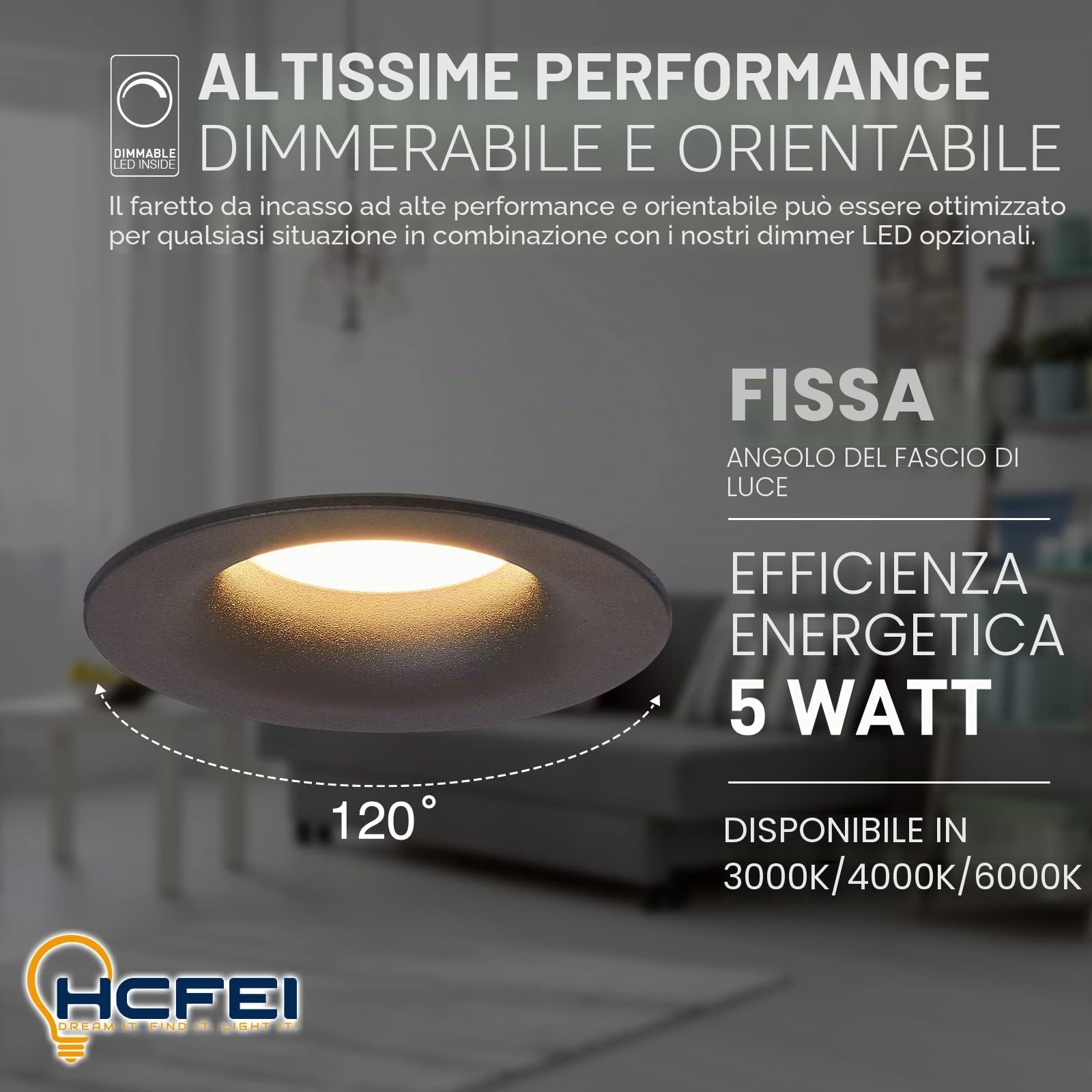 HCFEI Set di 6 faretti da incasso a LED, rotondi, colore nero, 5 Watt, luce bianca calda, dimmerabili, 230 V, piatti, diametro foro da 68-76 mm, faretti da incasso a soffitto, faretti da incasso a