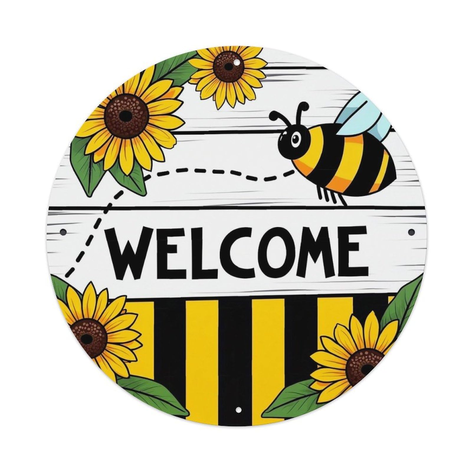 Jdyansheng Vintage Welcome Bee Sunflower Stripe Pattern Tin Sign Metal Poster Metal Signs For Home Man Cave Bar Cafe Kitchen Laundry Room Wall Decorations 8X8 Inches