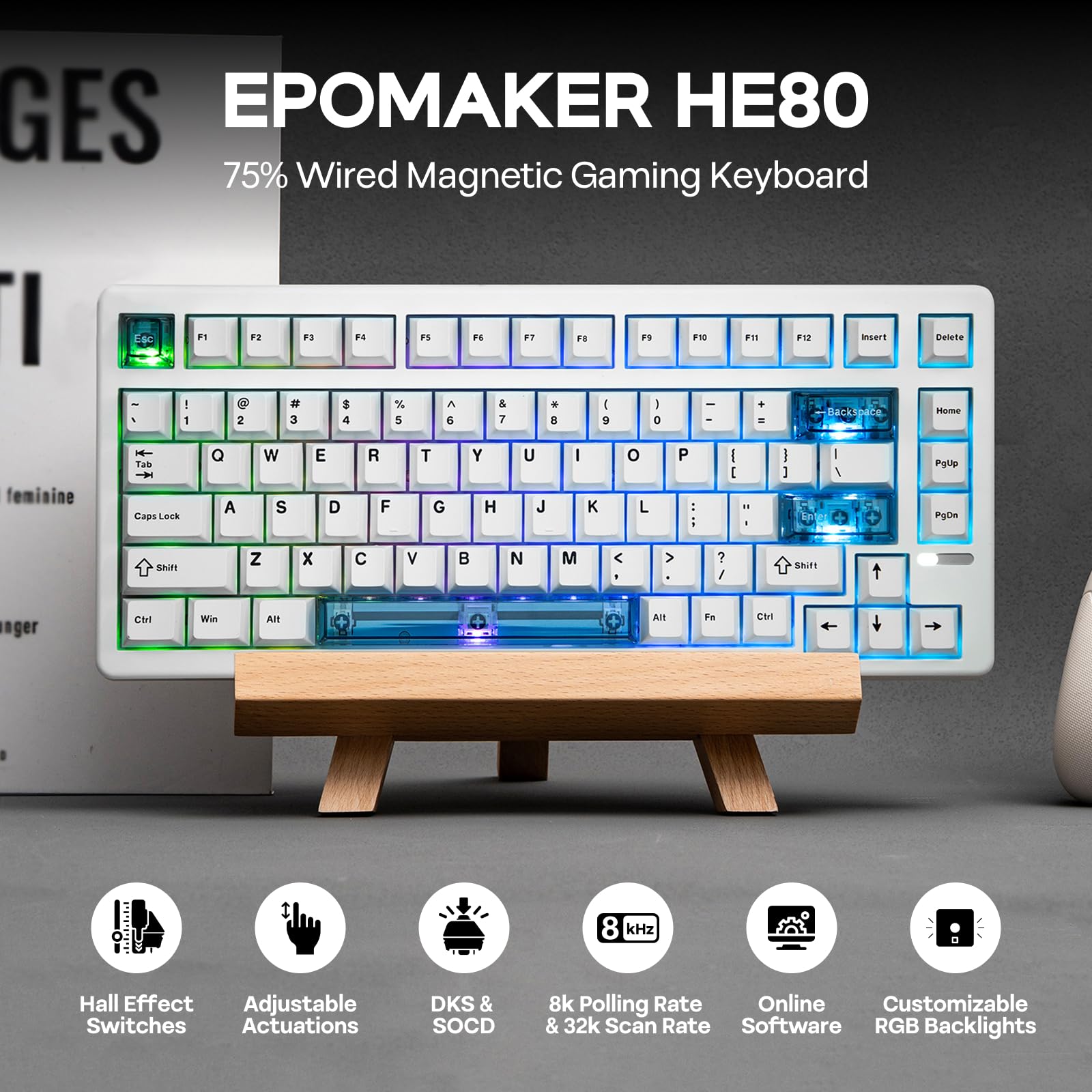 EPOMAKER HE80 Klawiatura gamingowa z efektem Hall, 8K Polling i skanowanie 32K, Creamy Gasket, DKS, SOCD, RGB Backlight, przewodowa klawiatura do gier Hot-Swap do PC i Mac (biała, magnetyczny