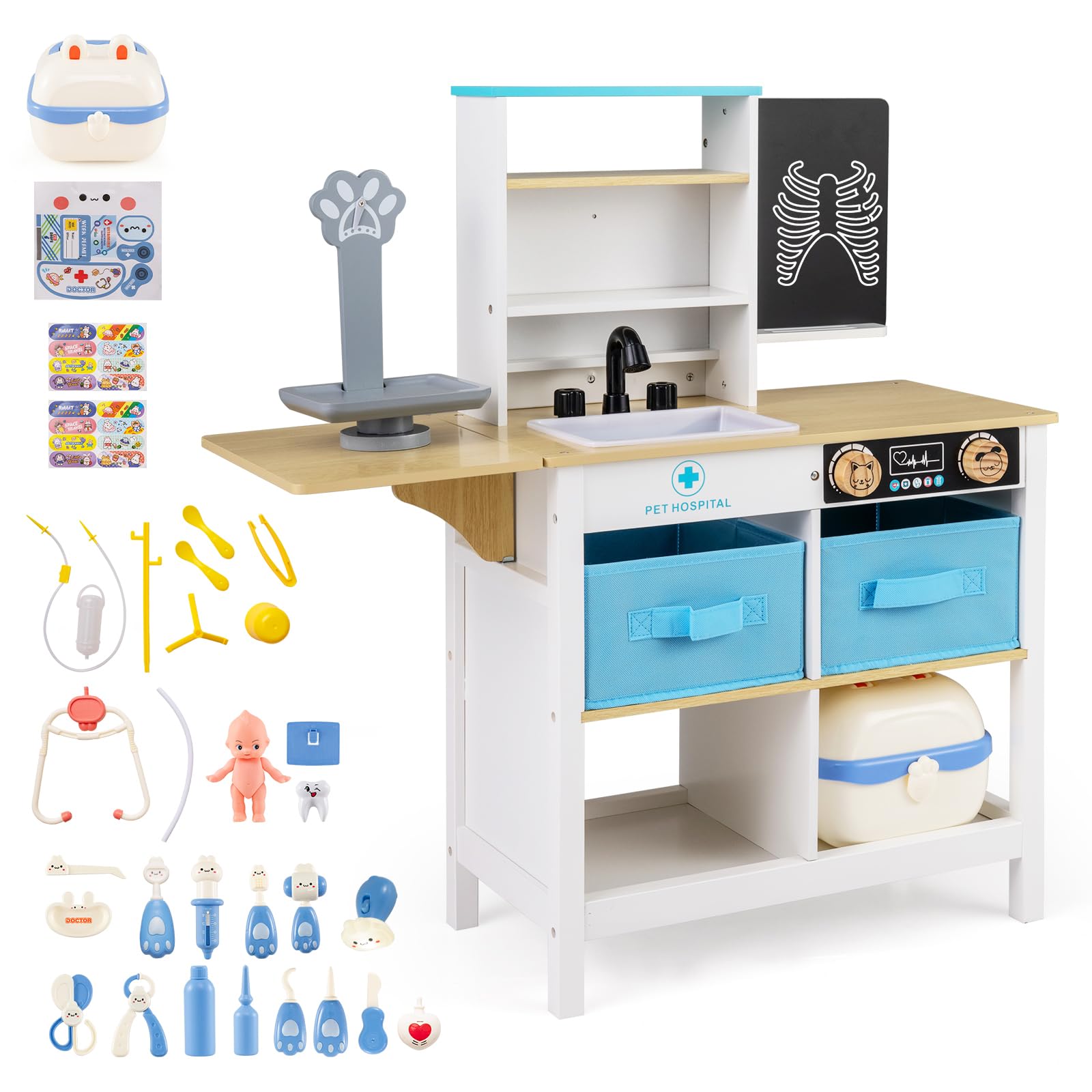 GOPLUS Veterinario Infantil Montessori, Clínica Veterinaria y Maletín de Doctor Infantil con 22 Accesorios con Muñeca, Balanza, Fregadero, Grifo, Cajones y Estantería Plegable, para 3+ Años (Azul)