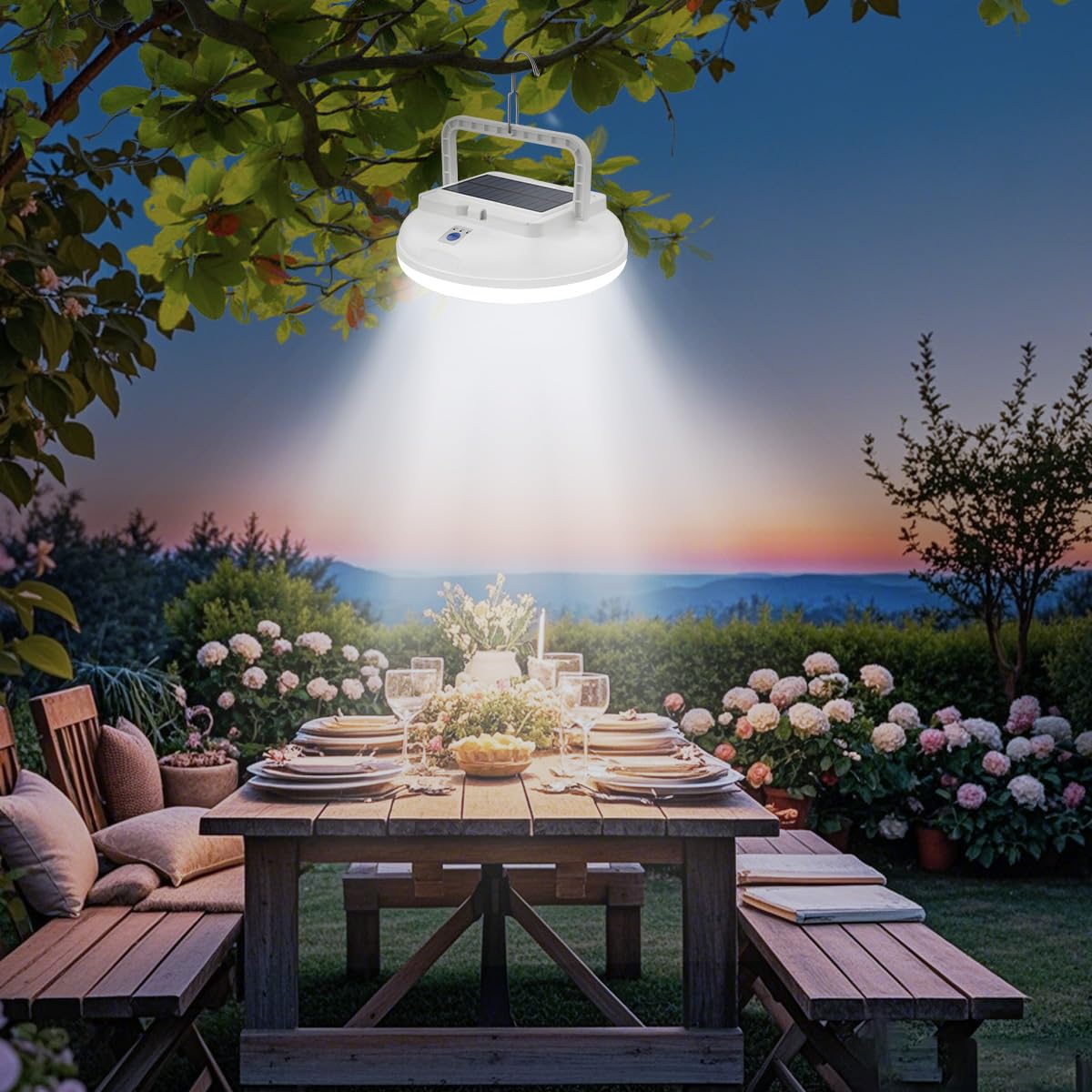 Lampada da campeggio LED solare con telecomando, lanterna da campeggio ricaricabile tramite USB, ultra luminosa 4500 lumen, 5 modalità di illuminazione per escursioni all'aperto e campeggio