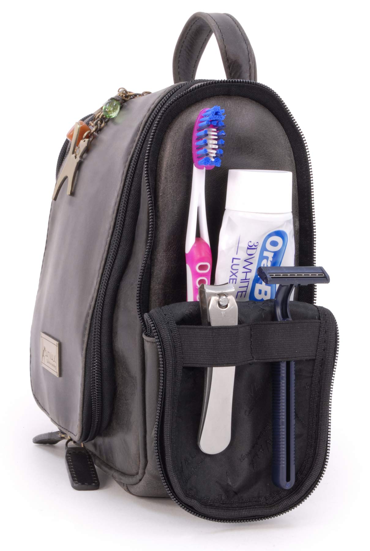 Catwalk Collection Handbags - Grande Neceser de Viaje de Piel - Bolso de Aseo Colgante - Bolso de Baño para Mujer - con Gancho - Maisie - Negro