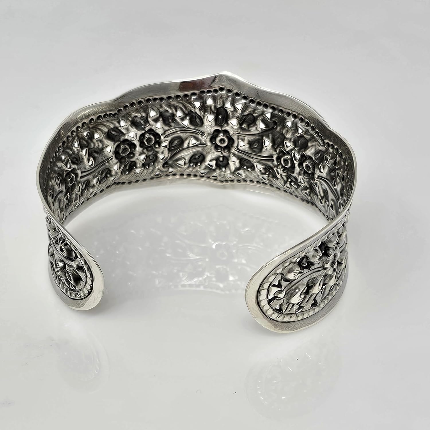 Women's Silver Wide Cuff Bangle Bracelet - Handmade 925 Sterling Silver Floral Bangle for Women | Jewelry Gift for Her