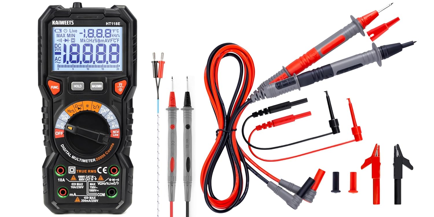KAIWEETS HT118E Digital Multimeter TRMS 20000 Counts and KAIWEETS Soft Silicone Electrician Test Leads Kit KET01
