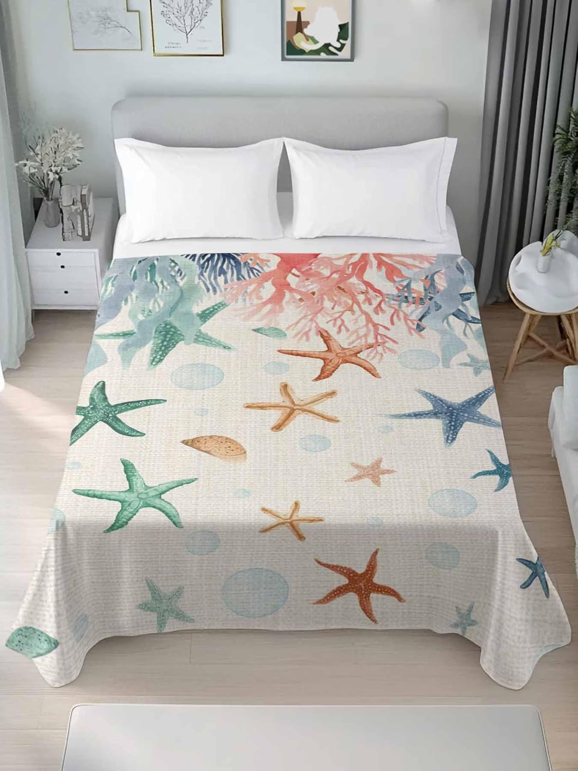 Top Sheet Full Bedding Flat Sheet Only, Vintage Marine Life Corals Microfiber Bed Sheets Soft Breathable Bedding Flat Sheets, Green Blue Brown Sea Stars Hotel Luxury Top Sheets