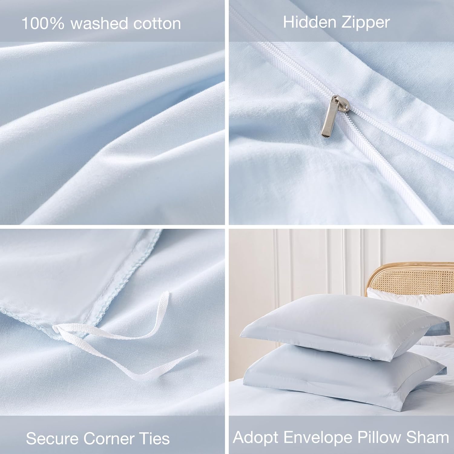 Yibeizi Light Blue 100% Washed Cotton Linen Like Duvet Cover Set Queen Size, 3 Pieces, 1 Duvet Cover 90x90 Inches and 2 Pillow Shams, Soft Breathable Comforter Covers Zipper Closure - Image 4