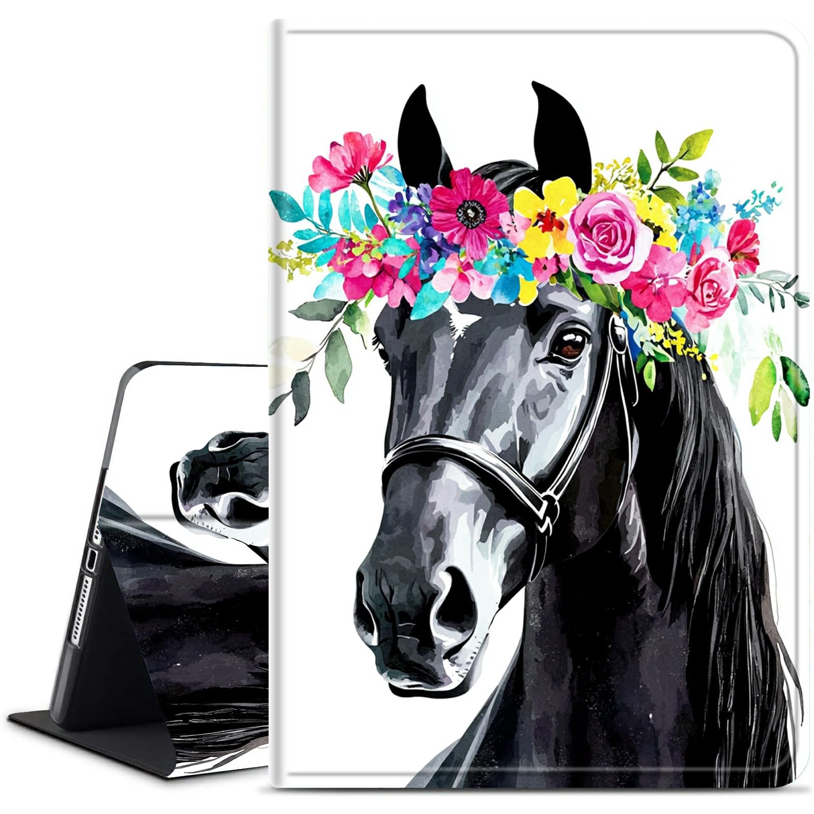 Dikoer for Amazon Kindle Fire HD 10 & HD 10 Plus 10.1" Kickstand Case (13th Generation 2023 Release), PU Leather Multiple Viewing Angles Stand Smart Cover with Auto Wake/Sleep, Flower Black Horse
