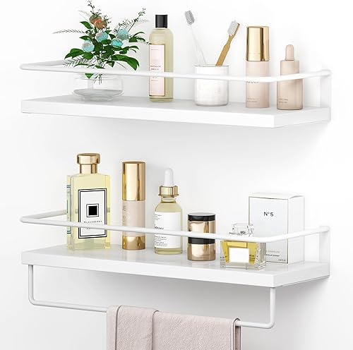 Estantes flotantes blancos con toallero blanco Juego de 2 estantes de baño colgantes montados en la pared, estantes decorativos para almacenamiento