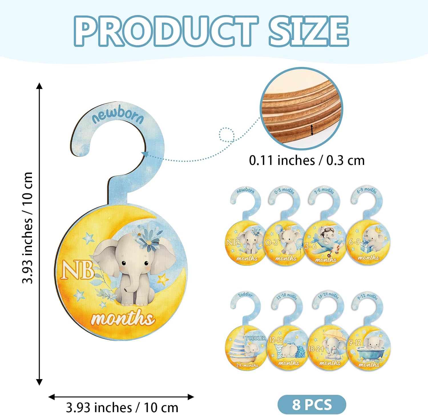 Baby Clothes Dividers for Closet – Set of 8 Wooden Baby Size Closet Dividers Newborn to 24 Months, Newborn Organizer for Boys & Girls – Adorable Moon Elephant Baby Nursery Decor Kit New Parents Gifts