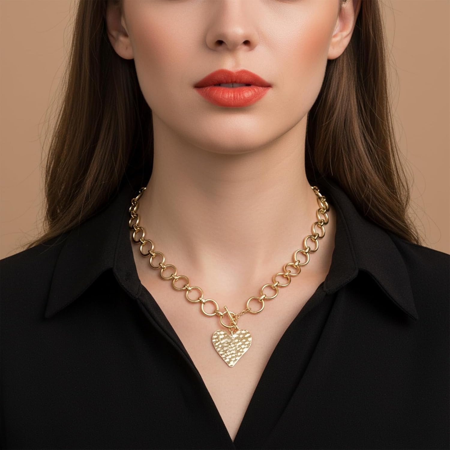 Xindojuz Chunky Gold Necklace for Women, Large Statement Hammered Heart Pendant Necklace, Gold Plated Vintage Chunky Paperclip Chain Necklaces for Women Trendy Jewelry Gift - Image 6