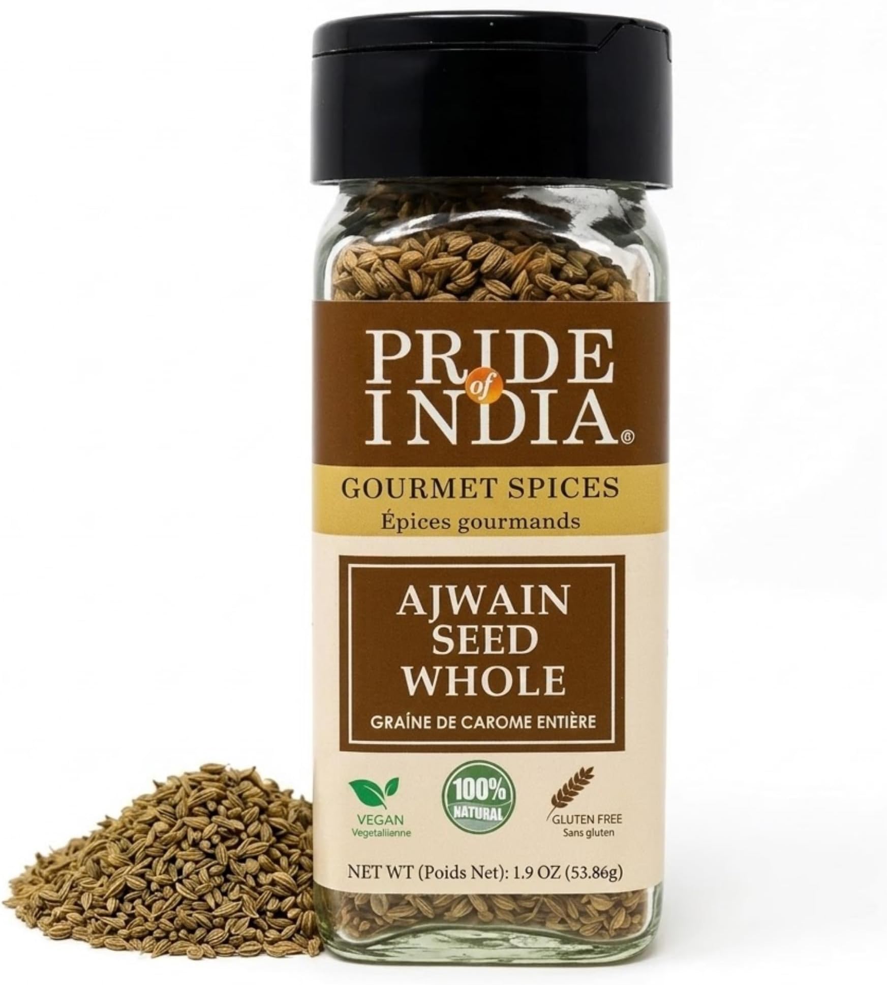 Pride Of India Whole Ajwain Seeds, 1.9 oz | Aromatic Carom Seeds with Pungent Flavor | Gourmet Whole Spice for Tempering, Lentils, Potatoes, Flatbreads, Pickles, Marinade, Savory Baking & Spice Blends