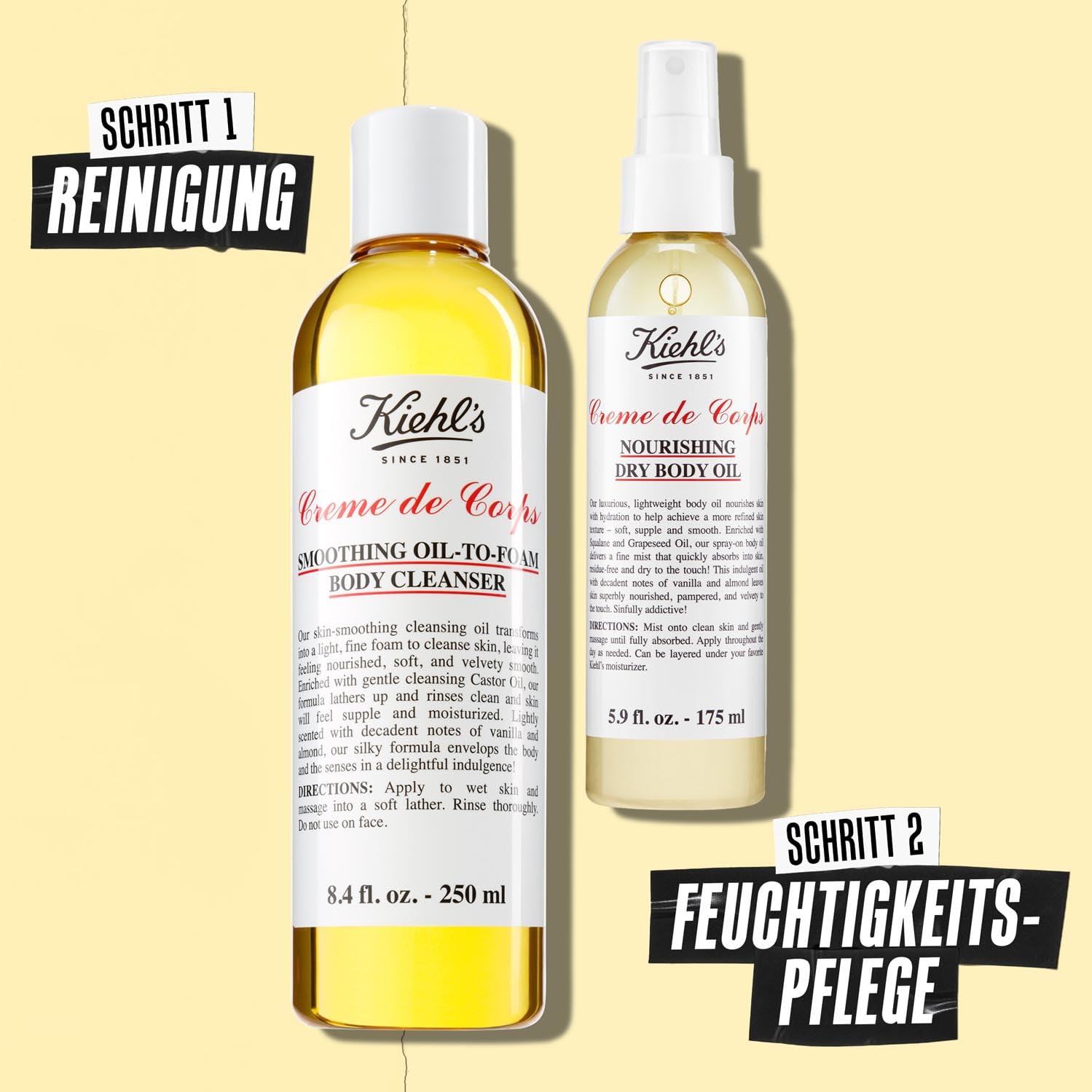 KIEHL'S Creme de Corps Smoothing Oil-to-Foam Body Cleanser, 250 ml, reichhaltiges und hautglättendes Reinigungs-Öl, für trockene Haut, 24 h feuchtigkeitsspendend