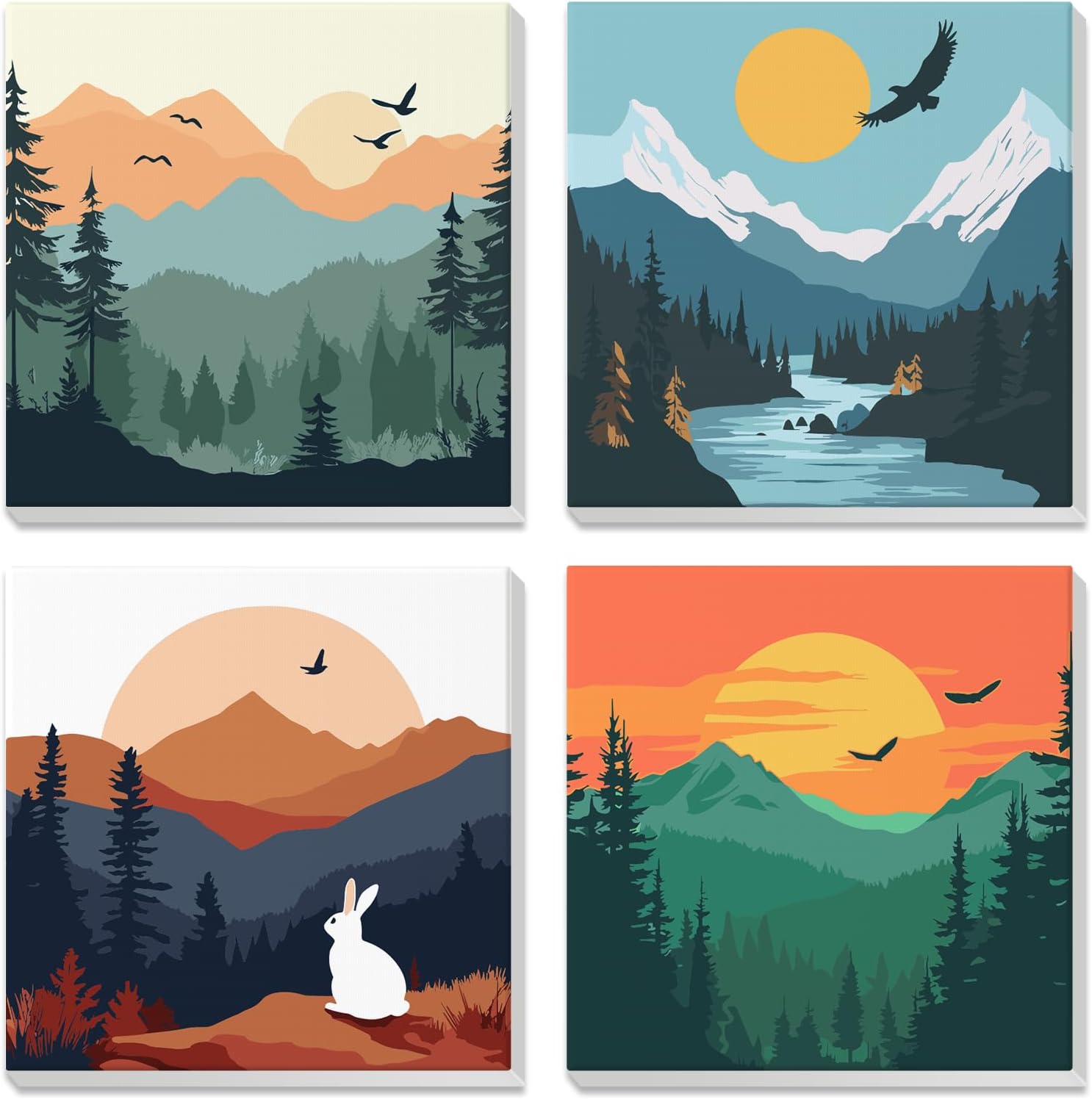 4 Pack Paint by Numbers for Adults with Wooden Framed, Nature Scenery, Sunset, Paint by Number Kits on Canvas for Beginner, DIY Acrylic Oil Painting Kits for Home Decor 8x8 inch, Mountain Landscape