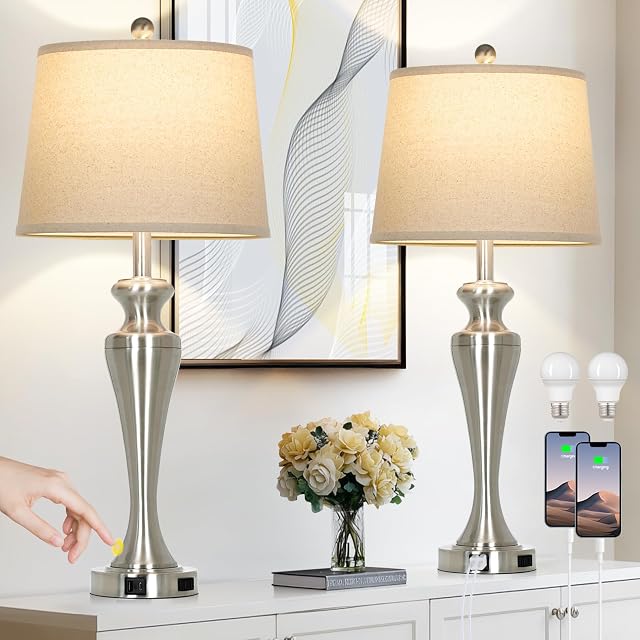 30" Lampes de table en argent 2, 3-Way Lampe de salon tactile variable avec USB Ports A+C AC Outlet, Lampes de chambre à nickel brossé moderne, Lampe de lit en métal pour table de chevet