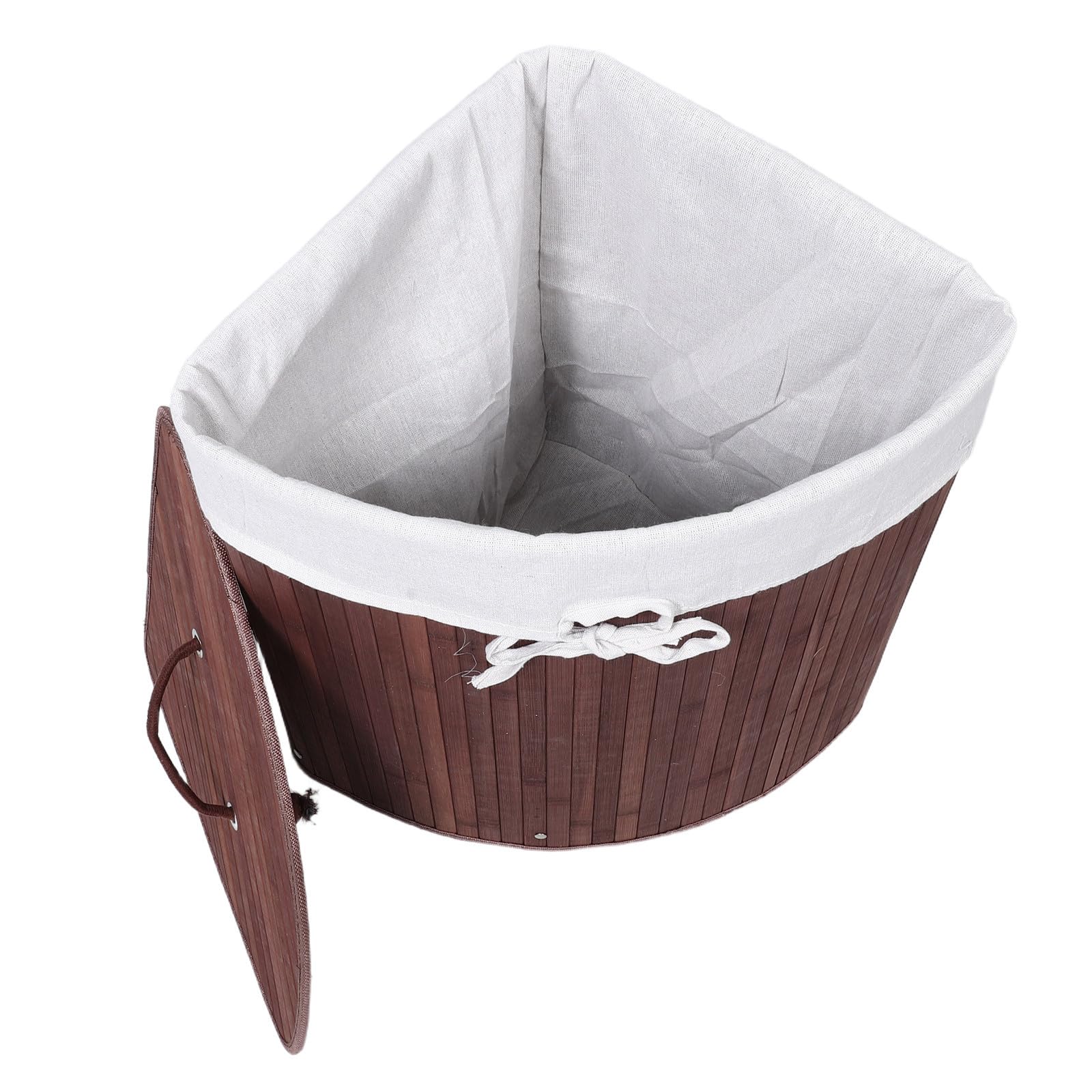 Cesto Portabiancheria Triangolare con Coperchio in Bambù e Tessuto, Design Salvaspazio ad Angolo, Apertura Silenziosa per Bagno e Casa, Dimensioni 35x50cm