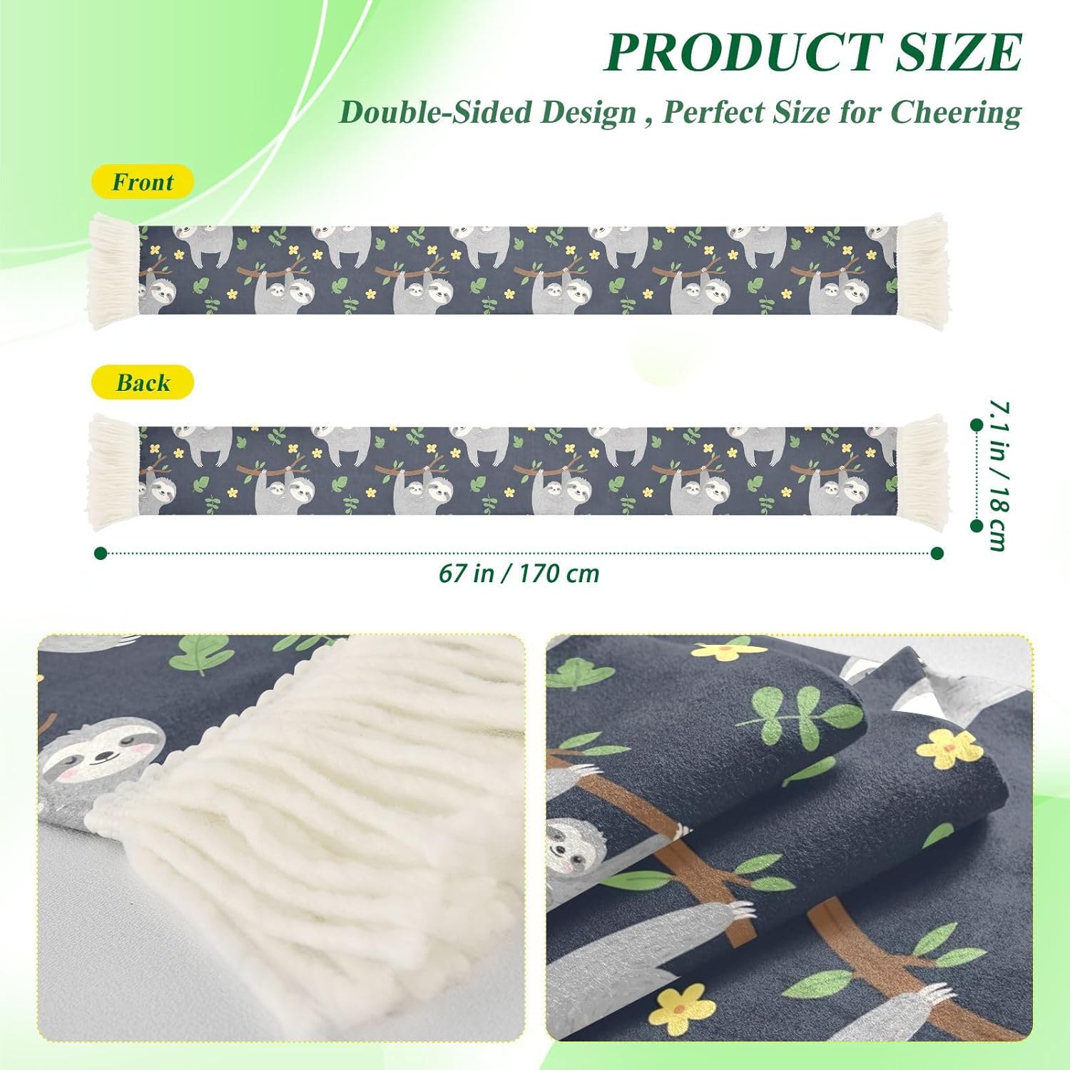 CHIFIGNO Cute Sloths Sports Fan Scarf, Soft Polyester Cheering Towel for Soccer Games, Quick Dry Sweat Wipe with Fringe Ends
