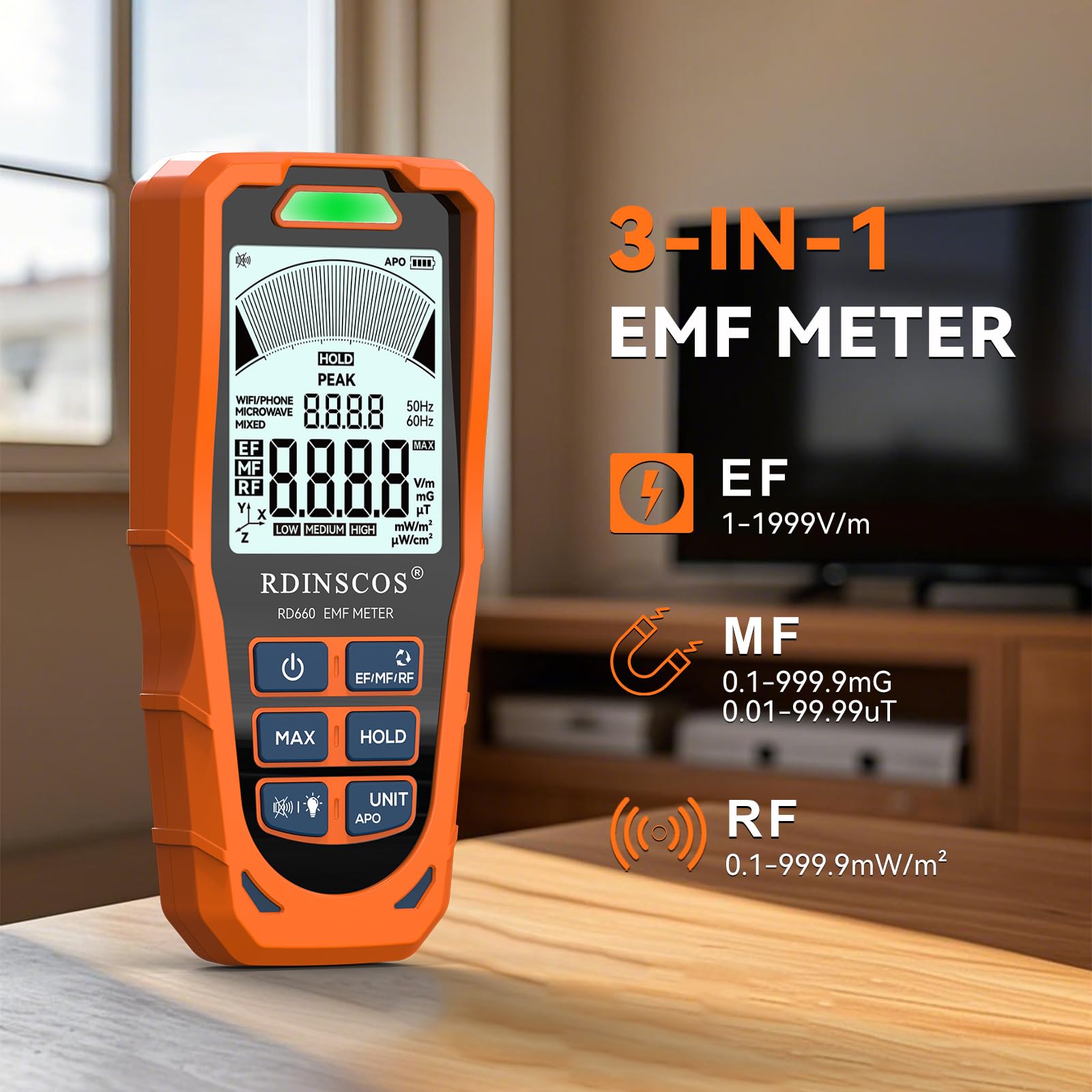 RDINSCOS Détecteur EMF, 3 en 1 Rayonnement électromagnétique pour EF MF RF, Détecteur Portable Numérique de Rayonnement pour Champs électromagnétiques pour la Maison, le Bureau et en Déplacement