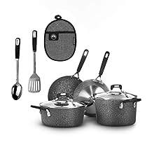 KASANOVA Batteria pentole New Petra Dark, Set pentole e padelle induzione e forno fino a 180°C, Set pentole antiaderente con presina e cucchiaio in acciaio (9 pezzi con mestoli)