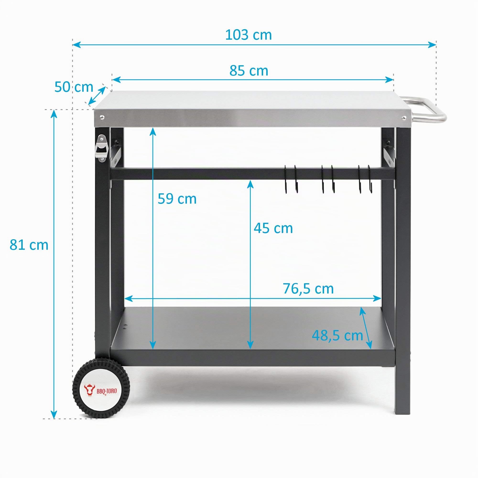 BBQ-Toro Carro de Barbacoa | 85 x 50 x 81 cm | Color Gris | Carro con Ruedas | Cocina al Aire Libre | Mesa Auxiliar para Barbacoa | Carrito de Barbacoa, Terraza, Jardín | Mesa de Barbacoa Exterior