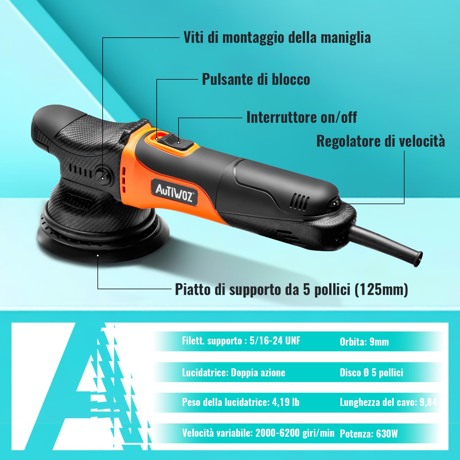 AUTIWOZ 630W Lucidatrice Auto Orbitale 9mm,125mm Kit di Lucidatura,Levigatura Eccentrica Piccole Dimensioni,6 Velocità Variabili (2000-6200 giri/min),Cura dell'auto,Rimozione dei graffi - W01