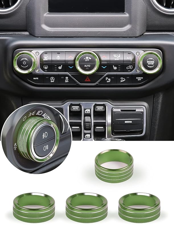 Kit de acabamento para manoplas do painel de ar-condicionado e controle de luz Savadicar em liga de alumínio verde para Jeep Wrangler JL JLU e Gladiator JT, 4 peças