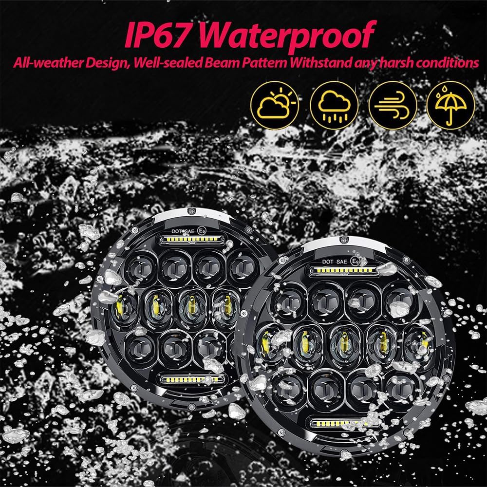 H6024 7 Inch Led Headlights with Daytime Running Light For Jeep Wrangler JK JKU CJ LJ TJ Chevy GMC Ford Dodge Mazda Miata Nissan Mack VW AM General Hummer H1 H2 Land Rover Defender Suzuki Samurai 2PC